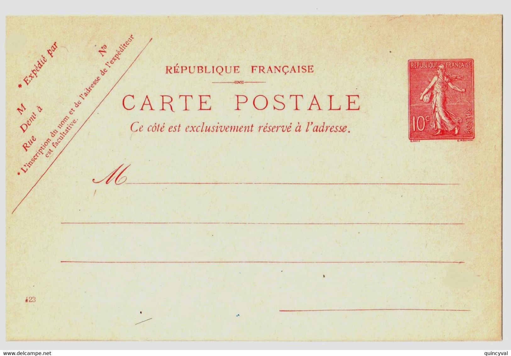 Carte Postale Entier Neuf 10 C Semeuse Lignée Rose Sur Vert Pâle Yv 129-CP1 Storch A1 Date 423 - Standard Postcards & Stamped On Demand (before 1995)