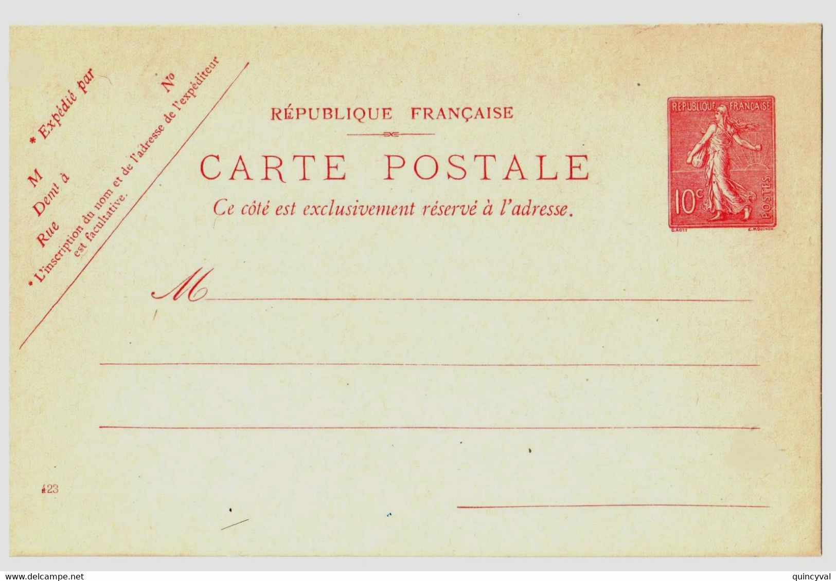 Carte Postale Entier Neuf 10 C Semeuse Lignée Rose Sur Vert Pâle Yv 129-CP1 Storch A1 Date 423 - Standard- Und TSC-AK (vor 1995)