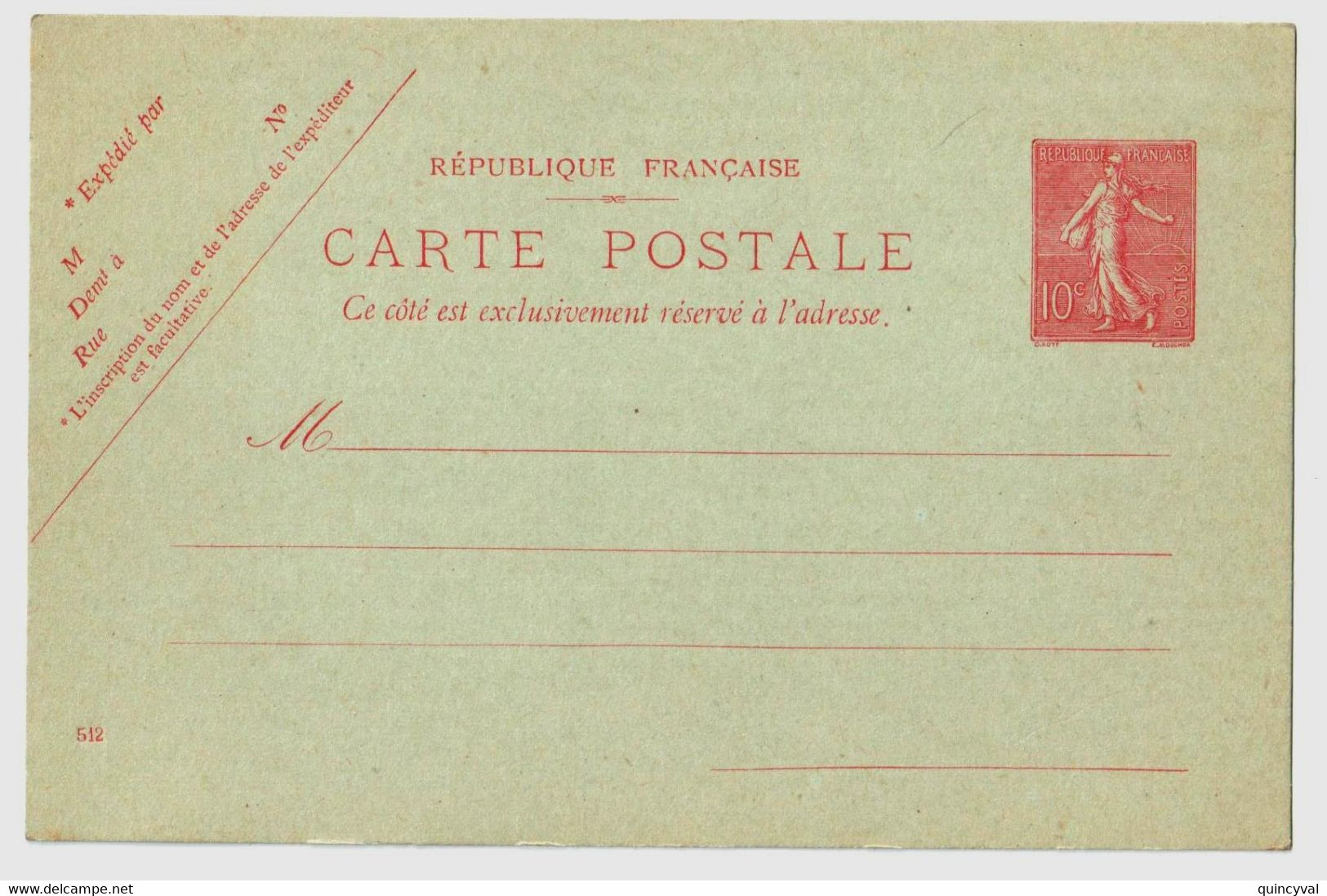 Carte Postale Entier Neuf 10 C Semeuse Lignée Rose Sur Vert Yv 129-CP1 Storch A1 Date 512 - Standard- Und TSC-AK (vor 1995)