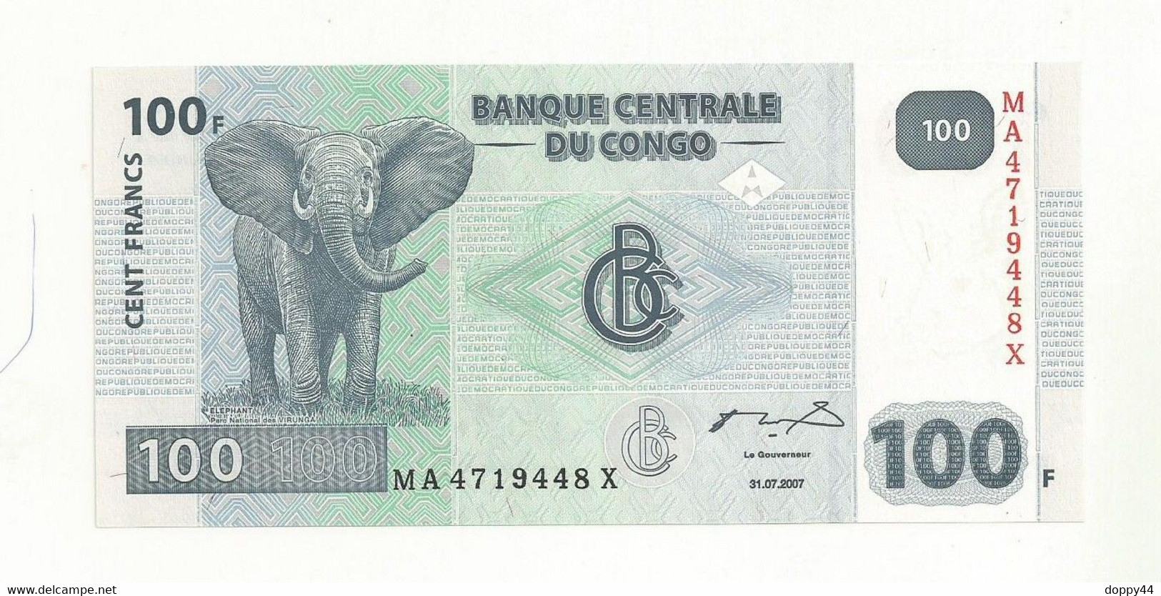 BILLET NEUF BANQUE CENTRALE DU CONGO 100 FRANCS THEME ELEPHANTS. EMIS 31/07/2007. - República Del Congo (Congo Brazzaville)