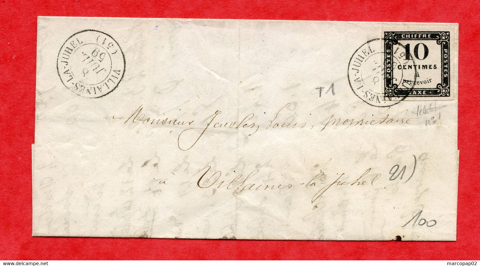 TAXE N°1-OB T15 VILLAINES LA JUHEL (51) 8/7/1859 - 1859-1959 Covers & Documents