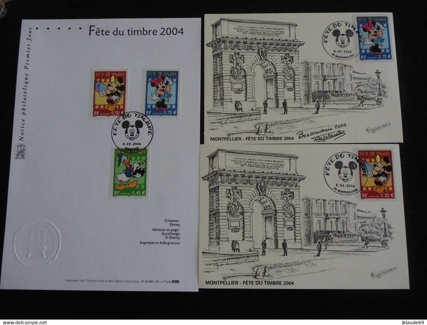 Rare lot "fête du timbre 2004" Disney Mickey Donald Minnie Premier Jour FDC Document philathélique carte epreuve