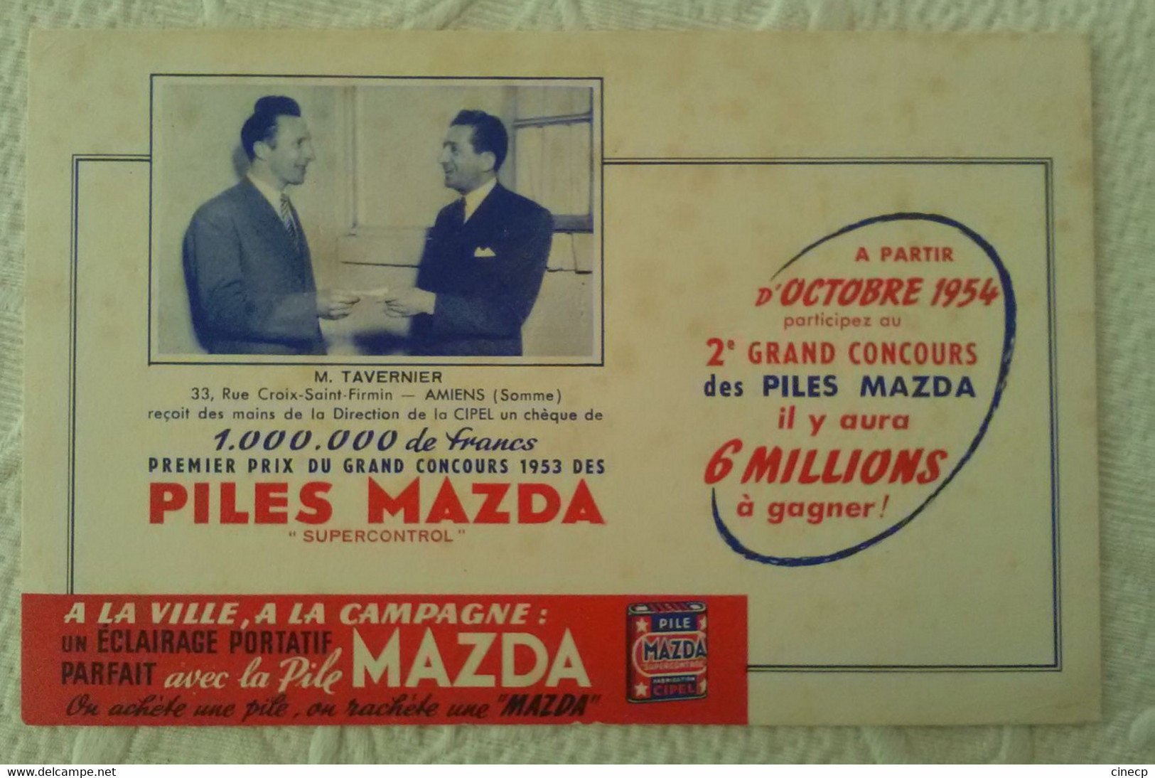 Buvard PILES MAZDA CONCOURS 1953 ILLUSTRATEUR AMIENS SOMME - Batterijen