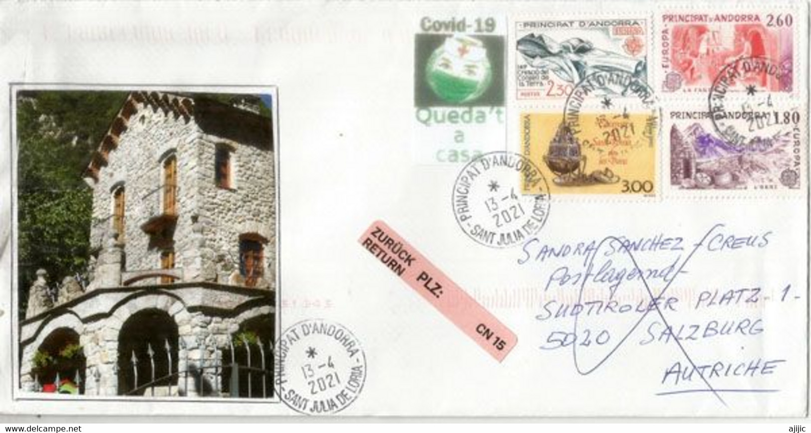 Lettre Andorre 2021 Adressée à Salzbourg,Autriche Pendant 3 Ième Confinement, Retour à L'expediteur Avec Timbre à Date - Cartas & Documentos