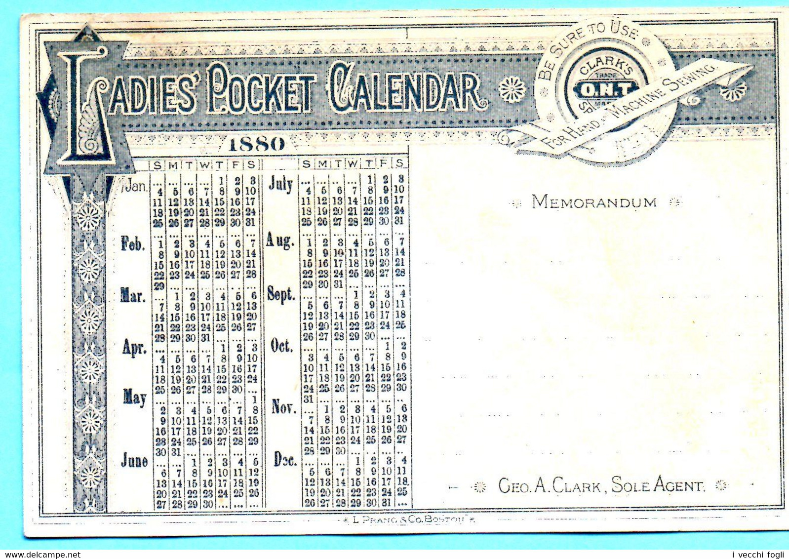 Chromo Trade Card Clark's O.N.T. Spool Cotton. Calendrier, Calendar 1880, Année Complète, Full Year. Cowboy. - Kleinformat : ...-1900