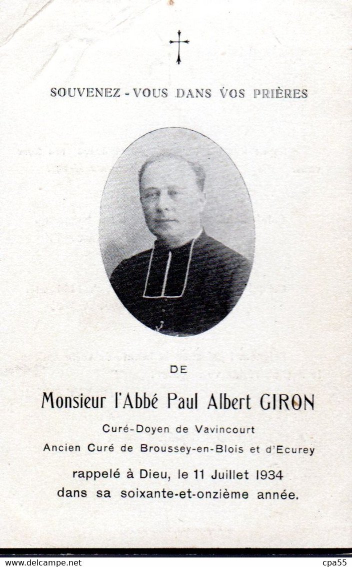 VAVINCOURT  -  Abbé Paul Albert GIRON  -  Curé Doyen De Vavincourt, Ancien Curé De BROUSSEY EN BLOIS - Vavincourt