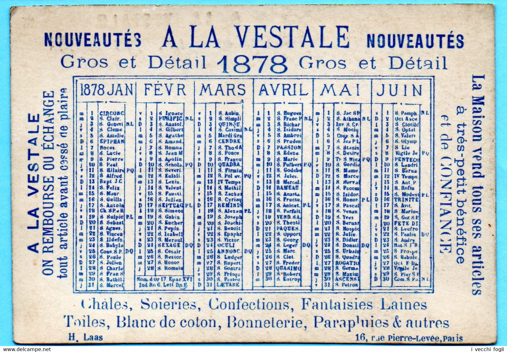 Chromo Calendrier 1er Semestre 1878. Maison A La Vestale. François I Armé Chevalier Par Bayard. Imp. Laas - Petit Format : ...-1900