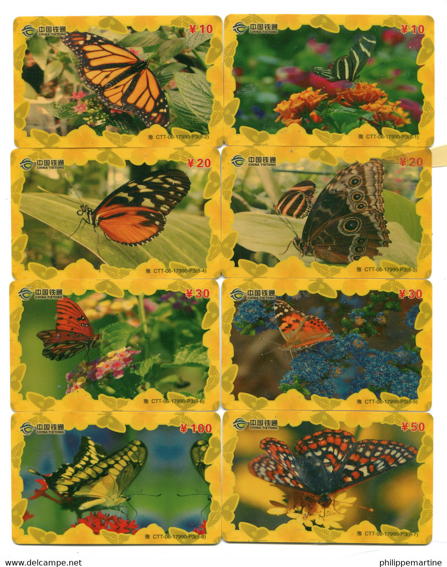 Télécarte China Tietong - Lot De 8 Télécartes Papiilon - Série 17990 - Butterflies