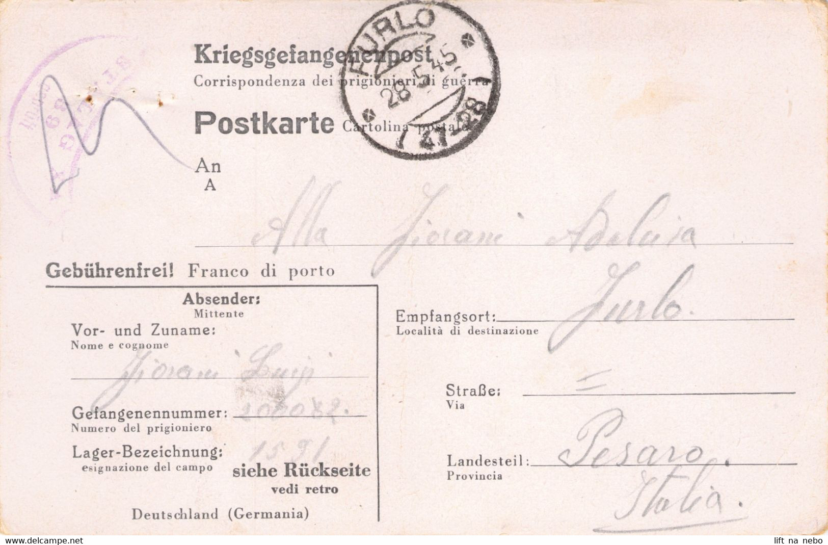 Stalag X A Schleswig Germany --> Furlo Pesaro Italy 28.5.1945 WWII POW Censorship Censure Geprüft Kriegsgefangenenpost - Cartas & Documentos