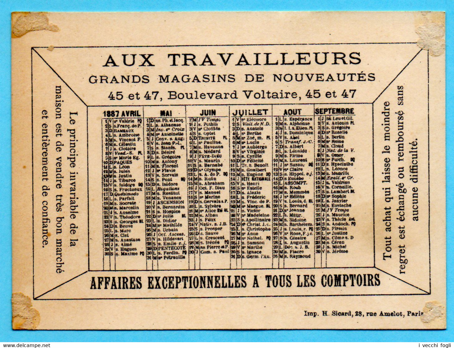 Chromo Calendrier 1887 Avril à Septembre. Aux Travailleurs Nouveautés. Cuisinier Et Marmiton. Imp. Sicard - Small : ...-1900