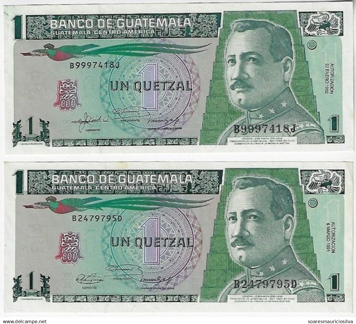 Banknote Guatemala 1 Quetzal 1991 / 1992 Pick-73b And Pick-73c Unc with Slight Yellowish Spots (US$12) - Guatemala