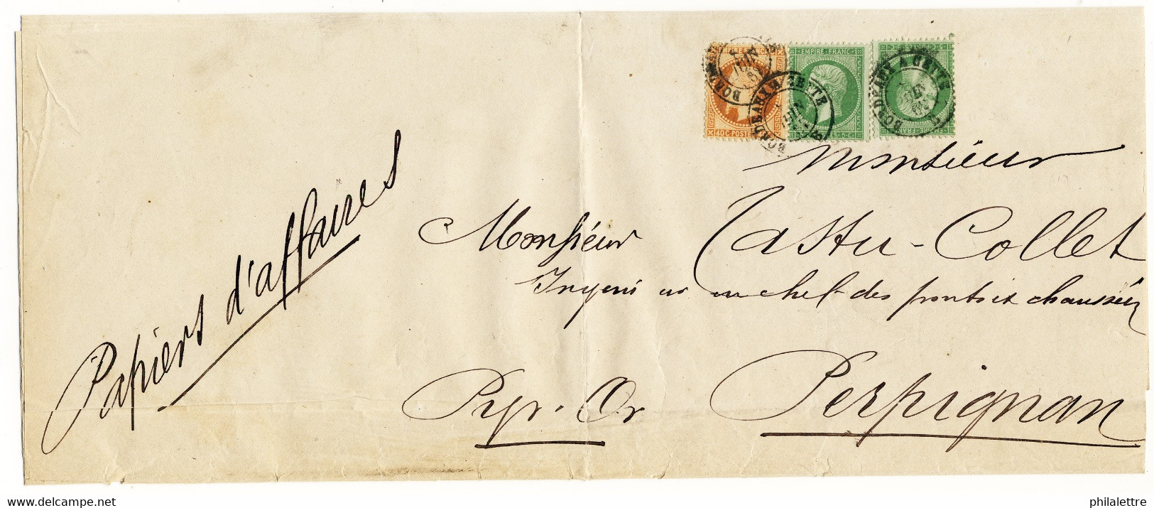 FRANCE - 1867 (8 Juin) 2xYv.20 & Yv.31obl. TàD Ambulant "BORDEAUX A CETTE / B" Sur Bordereau De Papiers D'Affaires - 1849-1876: Période Classique