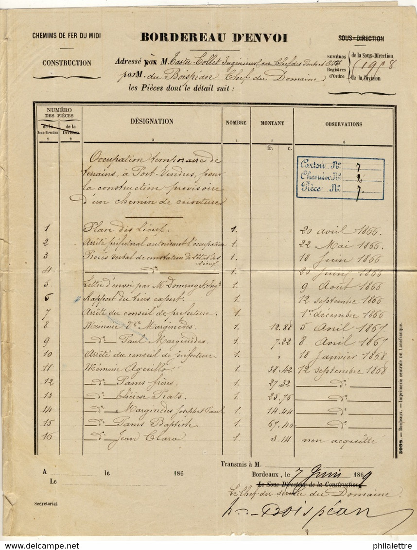 FRANCE - 1867 (8 Juin) 2xYv.20 & Yv.31obl. TàD Ambulant "BORDEAUX A CETTE / B" Sur Bordereau De Papiers D'Affaires - 1849-1876: Période Classique