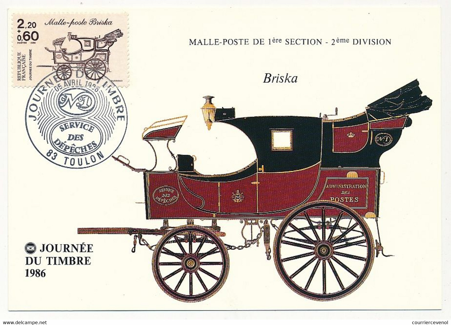 FRANCE => Carte Fédérale - 2,20 + 0,60 - Malle Poste Biskra - Journée Du Timbre - Toulon - 1986 - Stamp's Day