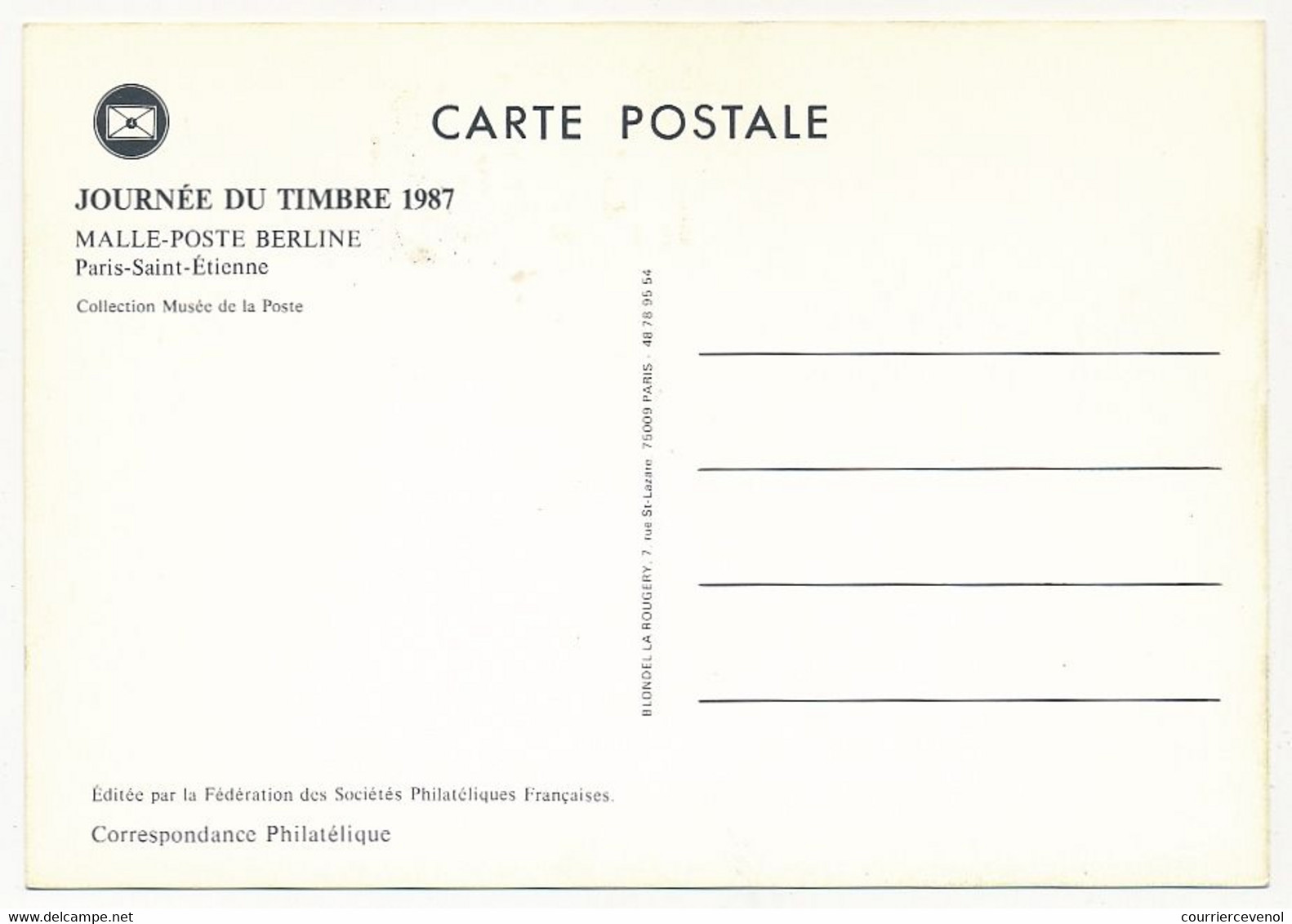 FRANCE => Carte Fédérale - 2,20 + 0,60 - Journée Du Timbre - Malle-Poste Berline / 74 SEVRIER - 14/3/1987 - Journée Du Timbre