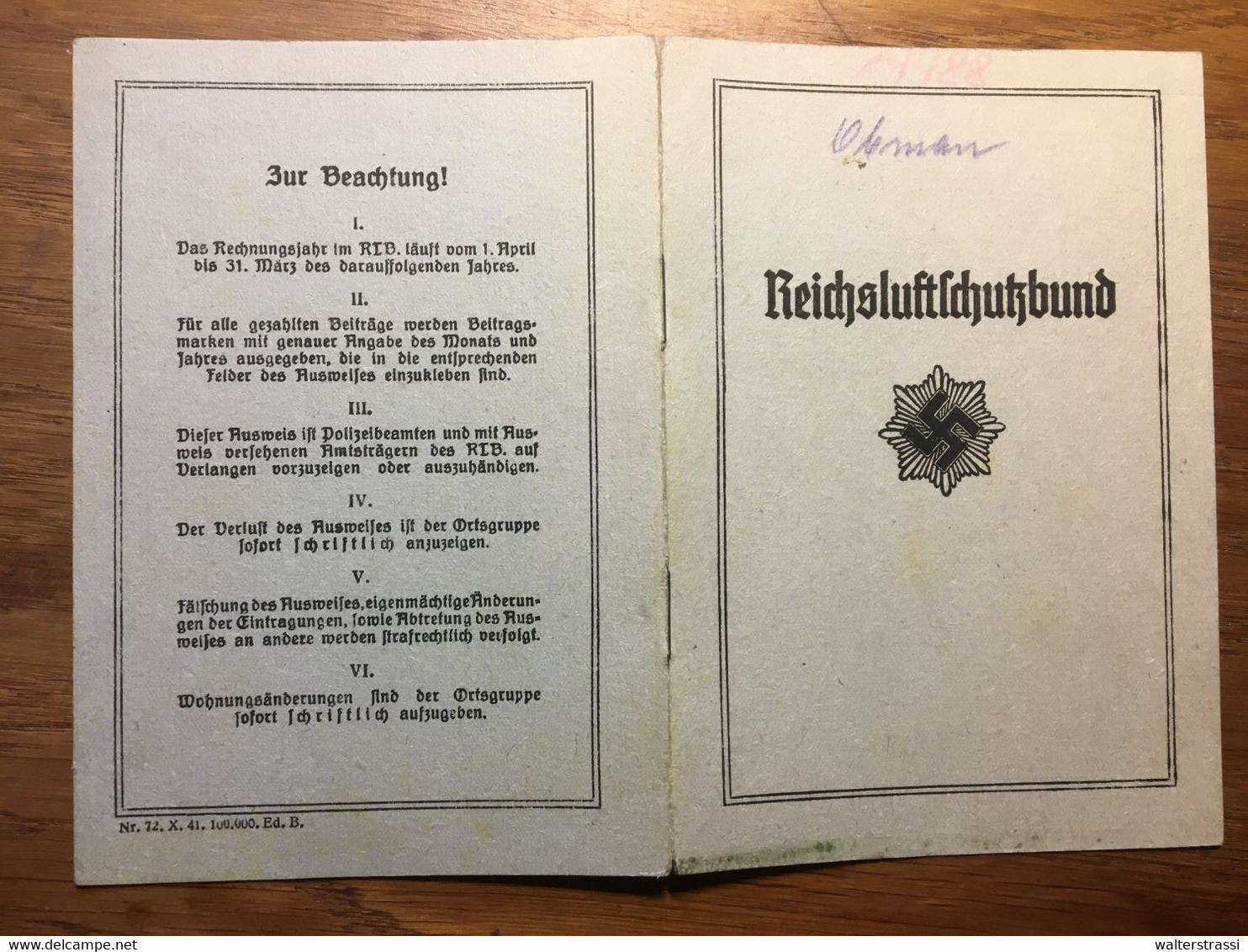 Ausweis, Mitgliedskarte, " REICHSLUFTSCHUTZBUND " Villach ( Austria ) - Covers & Documents
