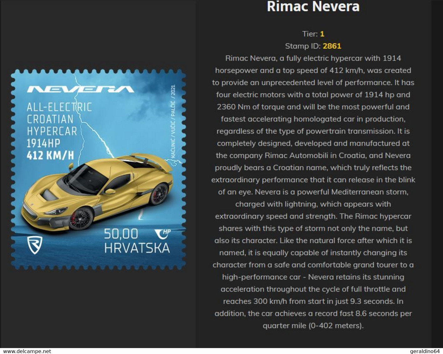 2021 Crypto Stamp Rimac Nevera 002861 Virtuelle Farbe Gold Tier 1 ** Postfrisch Inklusive NFT - Kroatien