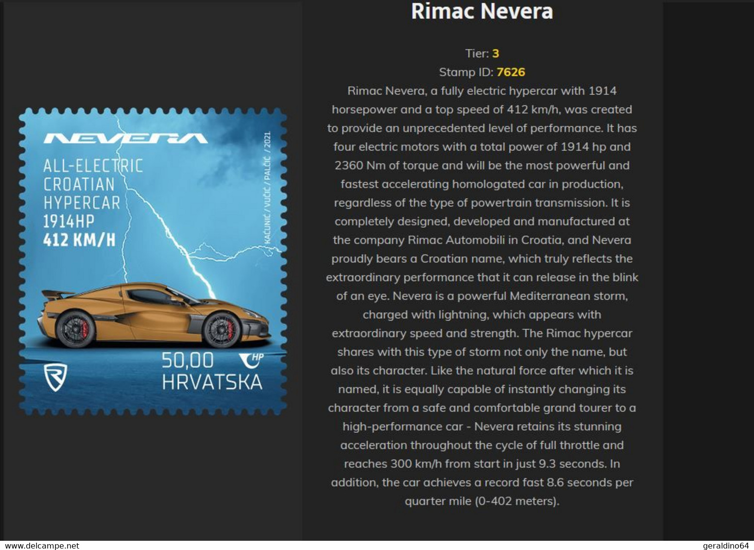 2021 Crypto Stamp Rimac Nevera 007626 Virtuelle Farbe Bronze Tier 3 ** Postfrisch Inklusive NFT - Kroatien