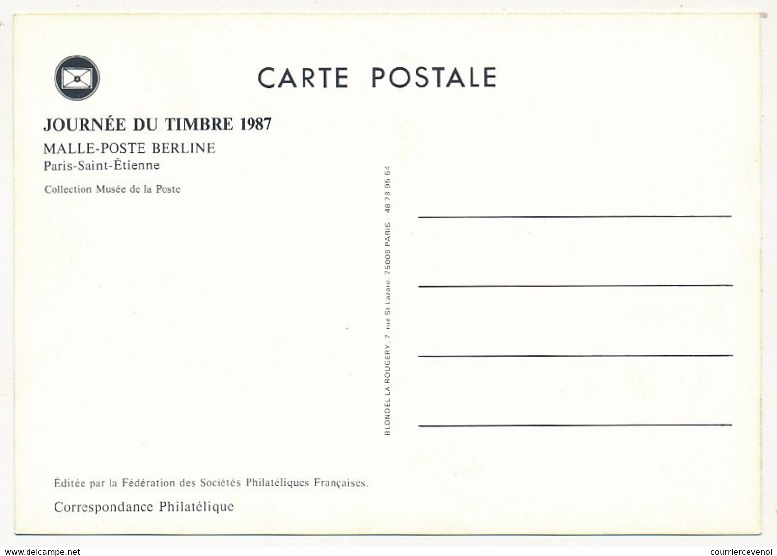 FRANCE => Carte Fédérale - 2,20 + 0,60 - Journée Du Timbre - Malle-Poste Berline / 13 MARSEILLE - 14/3/1987 - Journée Du Timbre