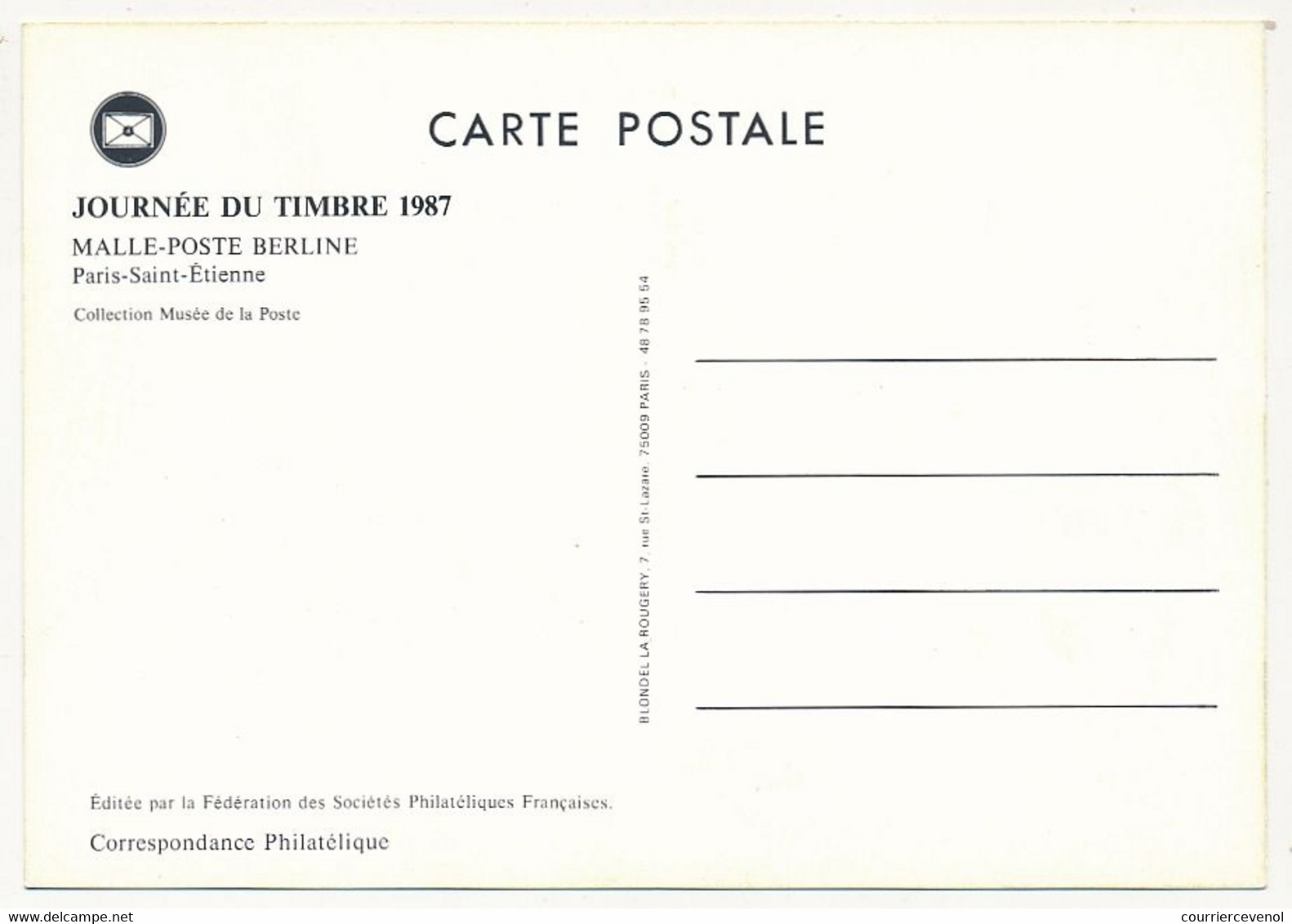 FRANCE => Carte Fédérale - 2,20 + 0,60 - Journée Du Timbre - Malle-Poste Berline / 83 TOULON - 14/3/1987 - Tag Der Briefmarke