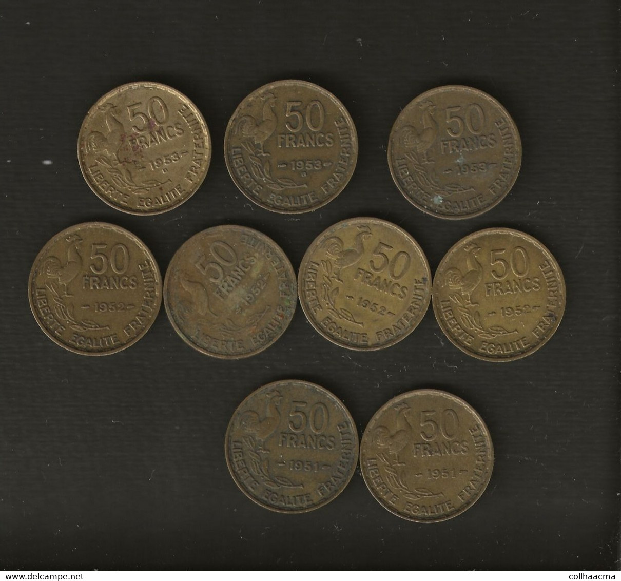Monnaies > France Départ 1 Euro / Lot 9 Pièces 50 Francs GUIRAUD 1951 X2,1952 X4,1953 Et 1953 B X2 - Altri & Non Classificati