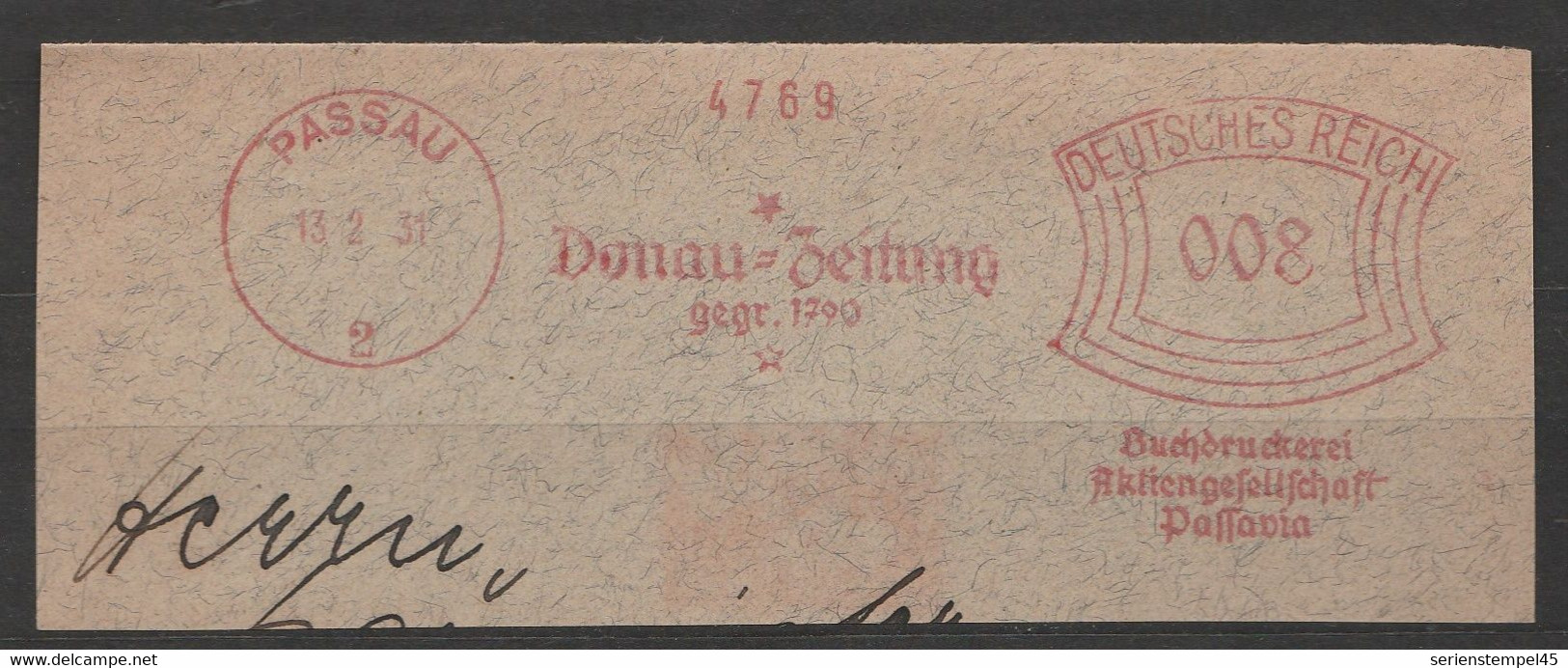 Deutsches Reich Briefstück Mit Freistempel Passau 1931 Donau Zeitung - Maschinenstempel (EMA)