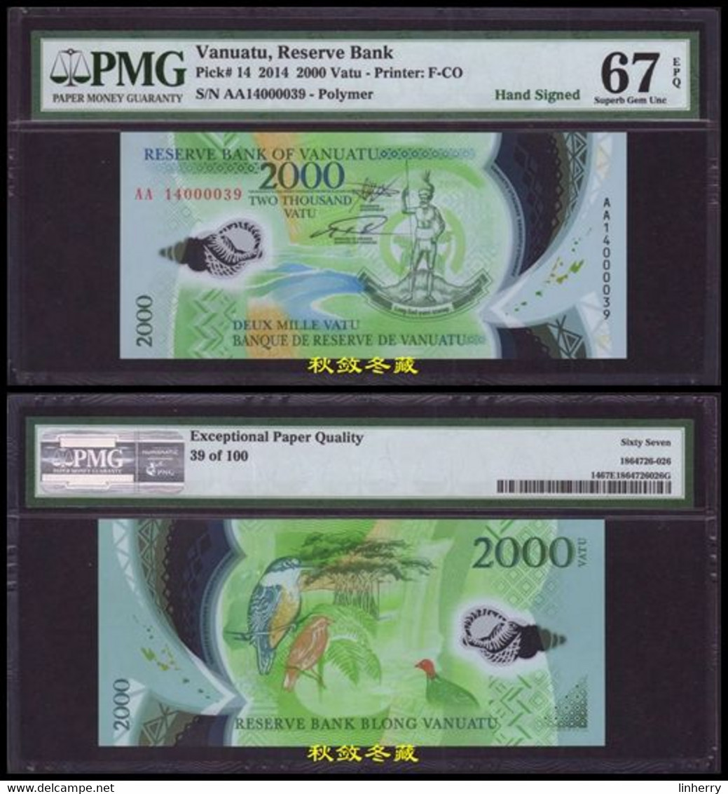 Vanuatu 2000 Vatu(2014), Commemorative, Handsigned, AA Prefix#39, Polymer, PMG67 - Vanuatu