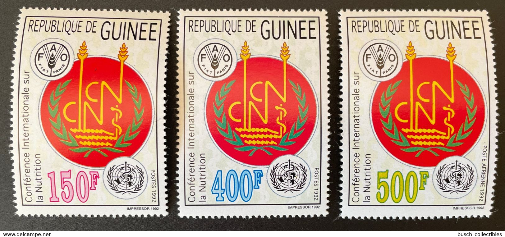 Guinée Guinea 1992 Mi. 1387 - 1389A Conférence Nutrition FAO WHO OMS Food Map Karte - Guinea (1958-...)