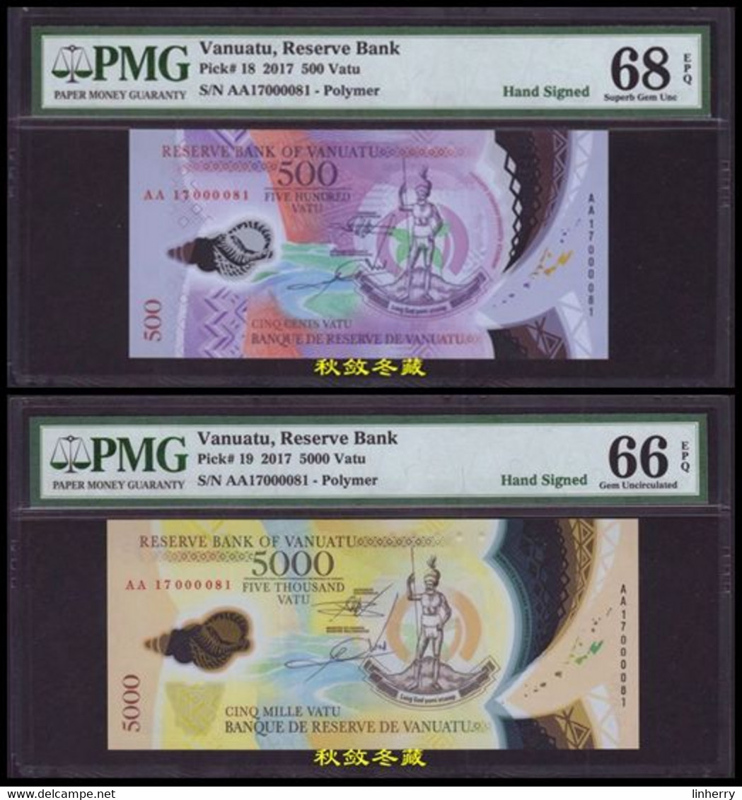 Vanuatu 500 And 5000 Vatu (2017), Handsigned, Low S/N #81, Polymer, PMG68/66 - Vanuatu