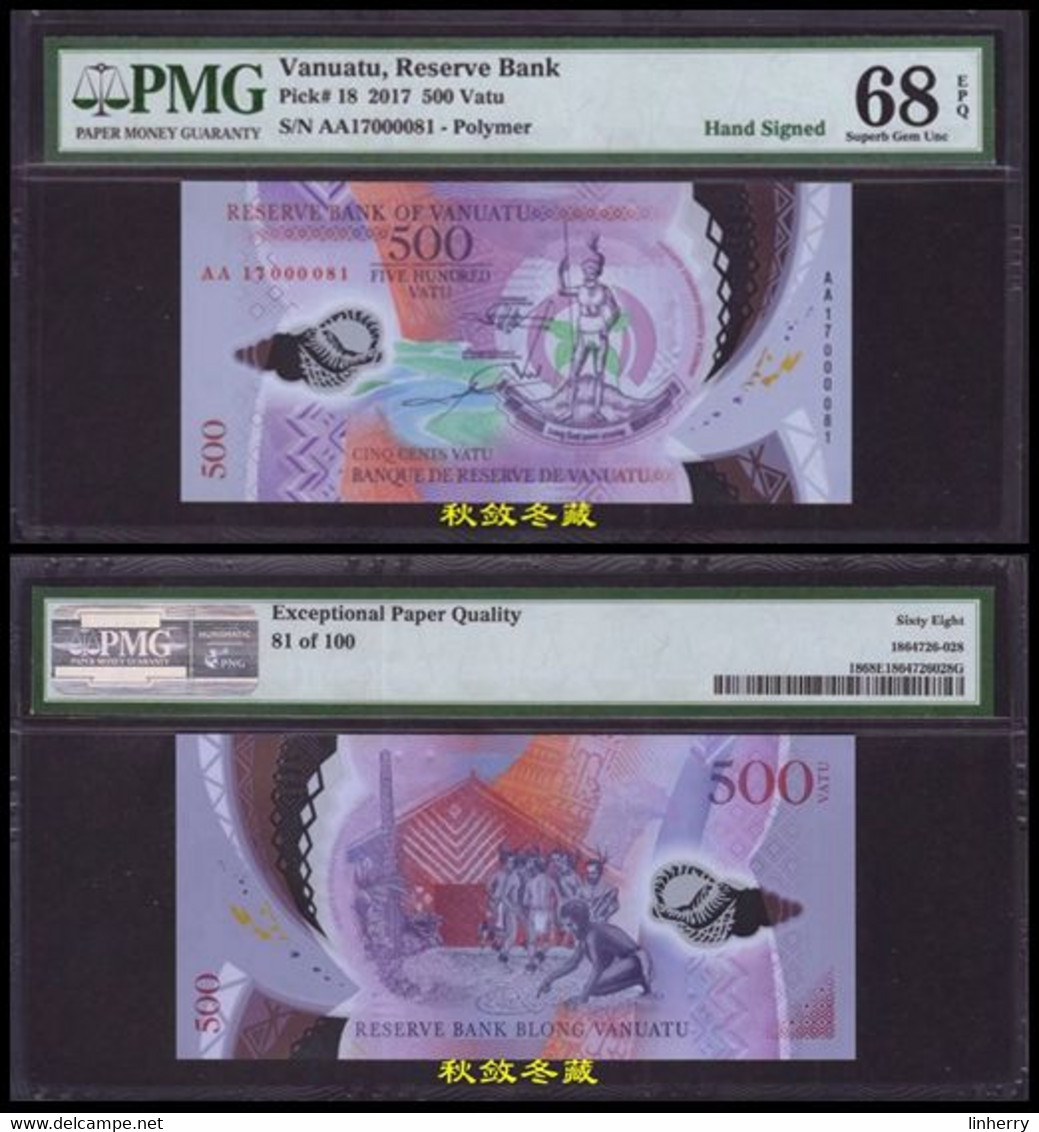 Vanuatu 500 And 5000 Vatu (2017), Handsigned, Low S/N #81, Polymer, PMG68/66 - Vanuatu