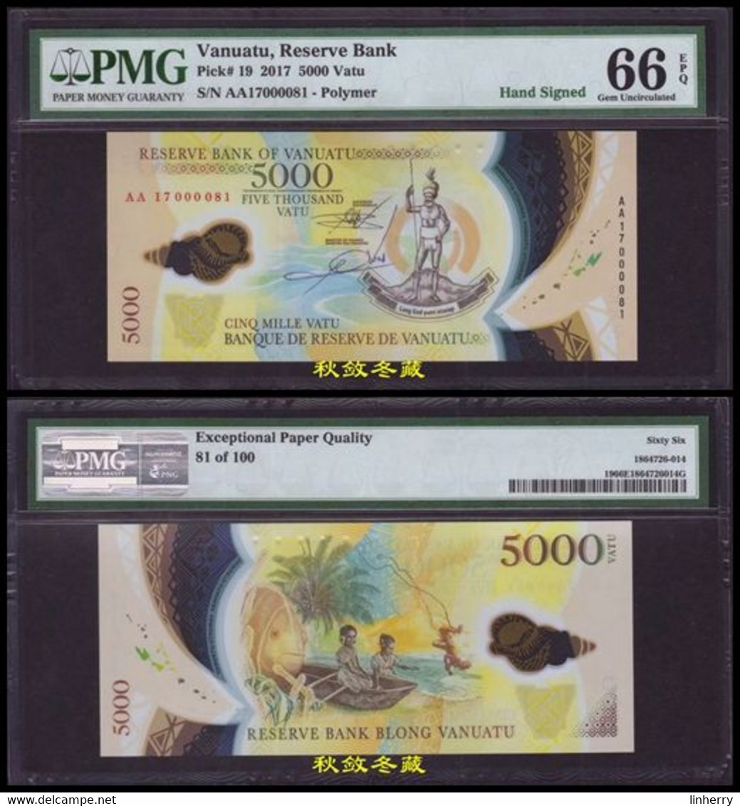 Vanuatu 500 And 5000 Vatu (2017), Handsigned, Low S/N #81, Polymer, PMG68/66 - Vanuatu