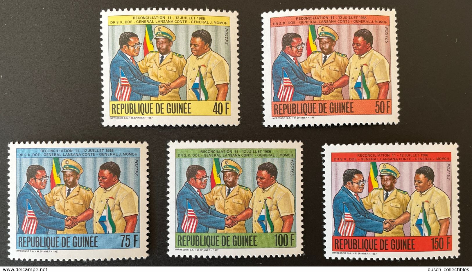 Guinée Guinea 1987 Mi. 1161 - 1165 I (Picture) Réconciliation 1986 Doe Conte Momoh Flags Drapeaux Sierre Leone Liberia - Guinée (1958-...)