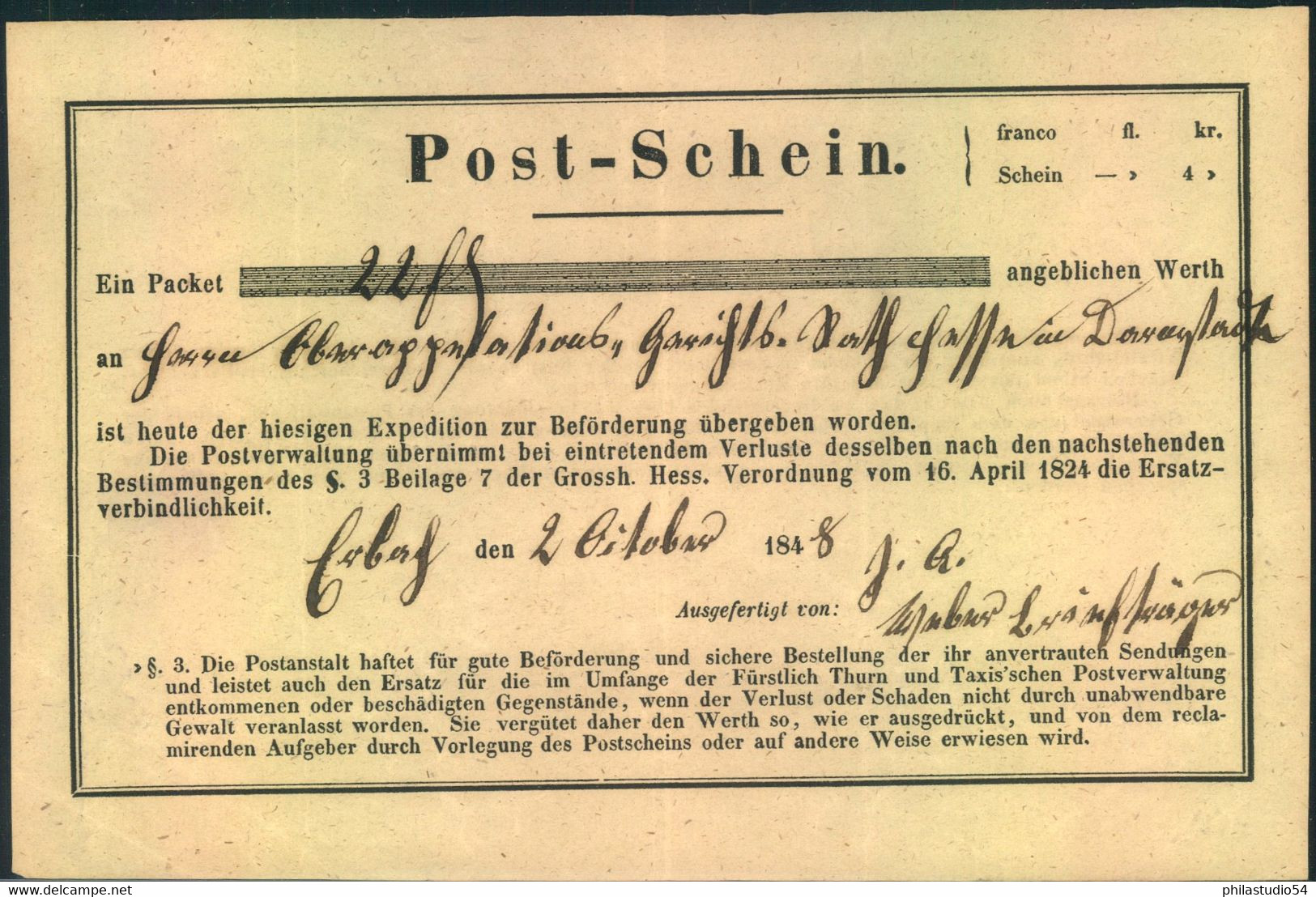 1848, Postschein Von ERBACH - [Voorlopers