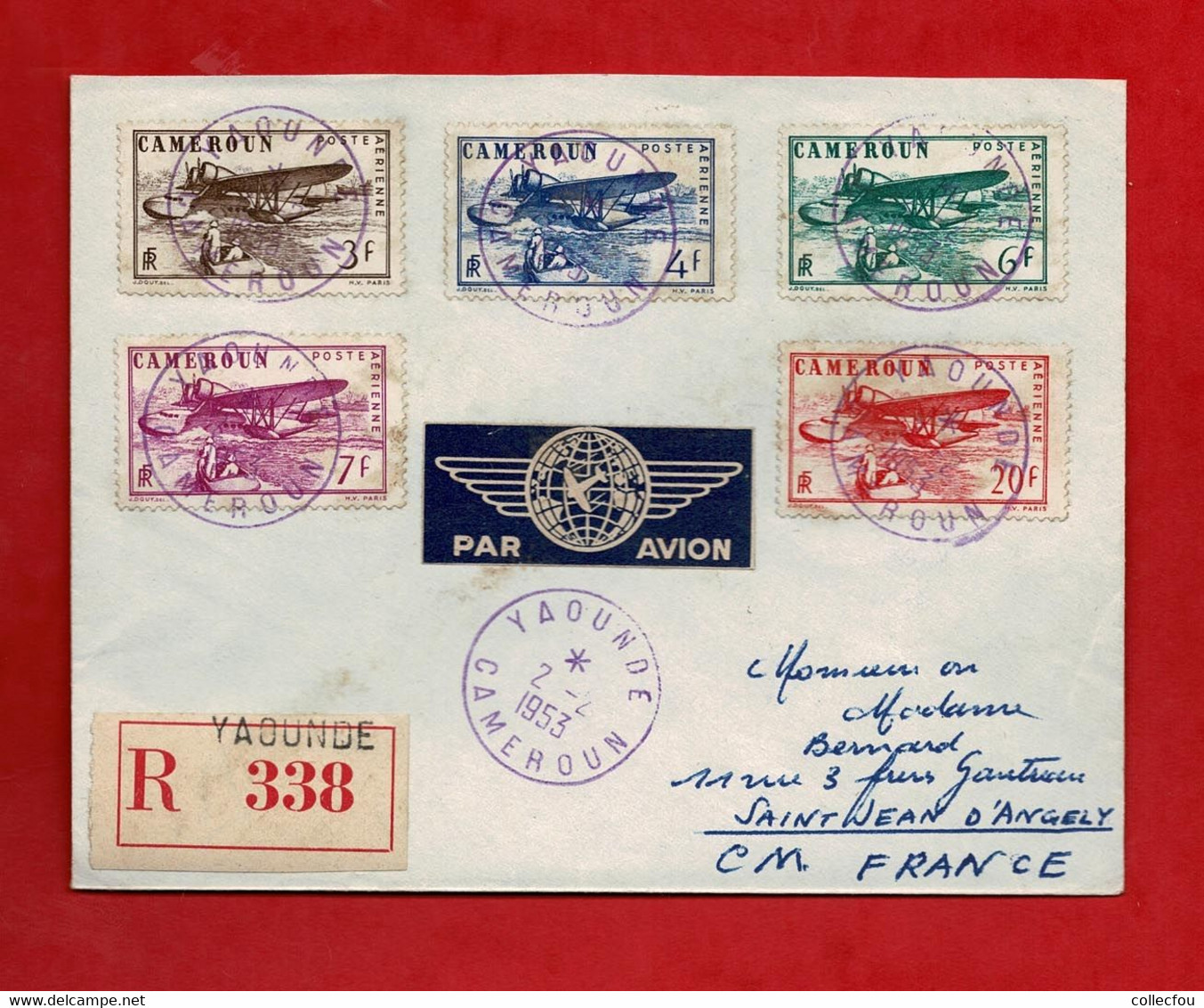 1953. Enveloppe Affranchie Lettre RECOMMANDÉE Par AVION De YAOUNDÉ Au CAMEROUN à St JEAN D'ANGÉLY (Charente-Maritime). - Poste Aérienne