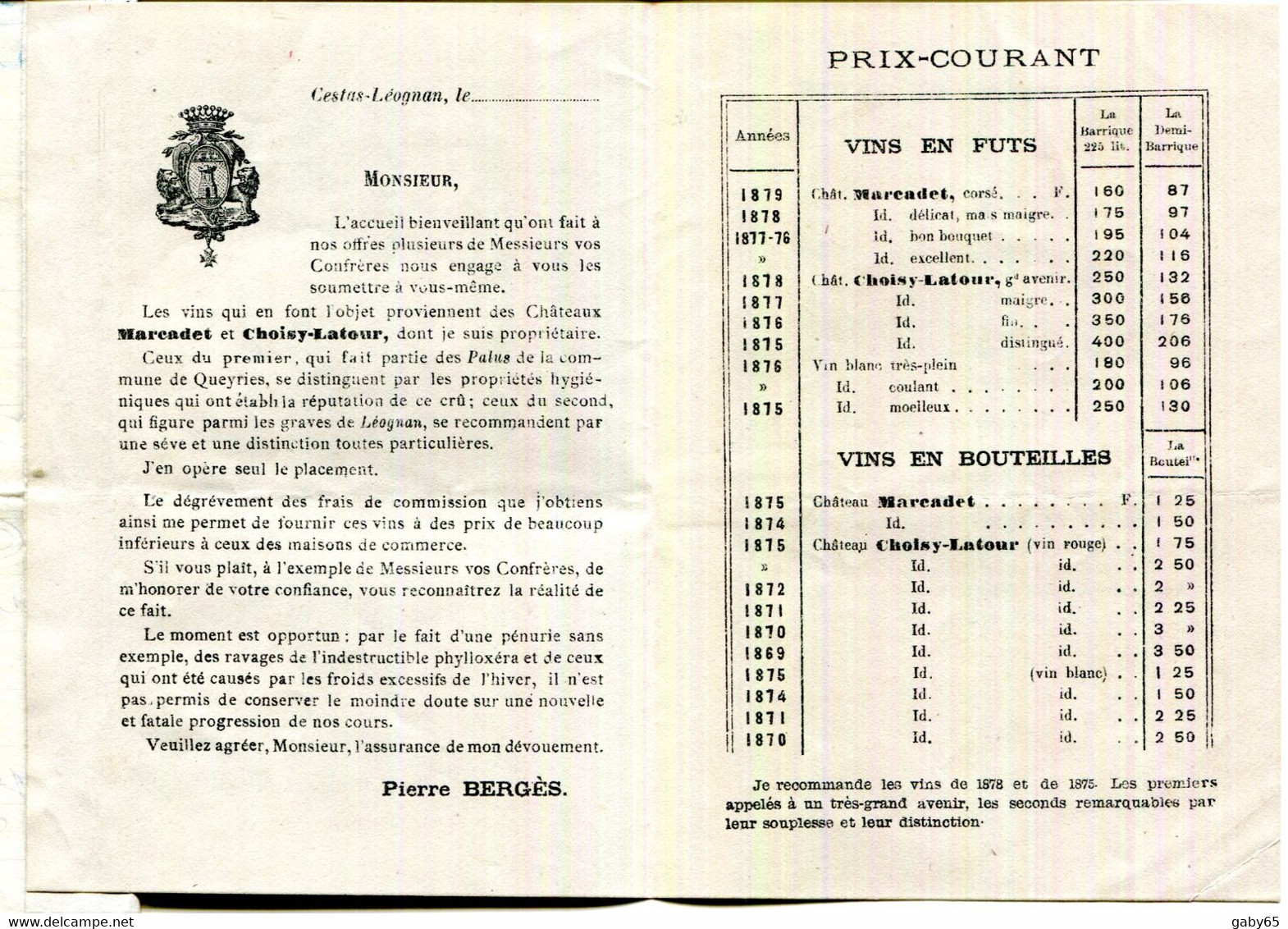 FACTURE.LEOGNAN.CESTAS.VINS PIERRE BERGES PROPRIETAIRE.LETTRE AVEC TARIF COLLÉ. - Alimentos