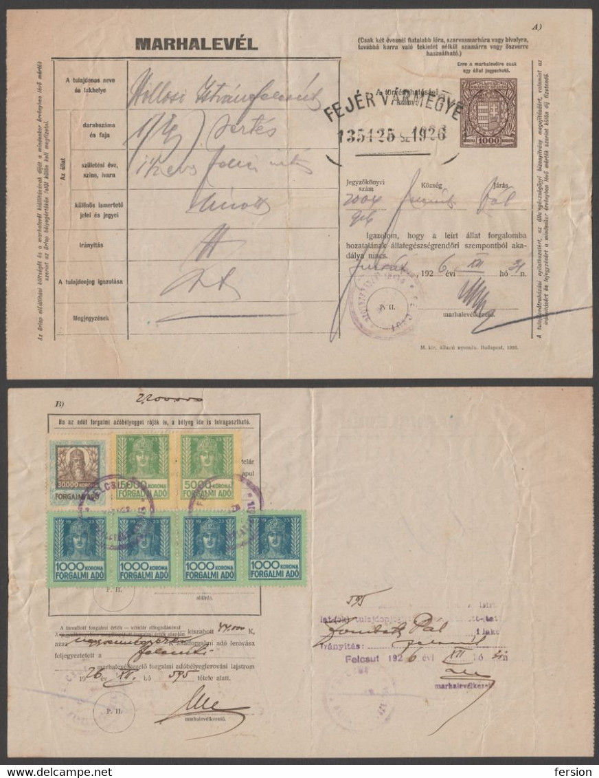 1926 Hungary FEJÉR County FELCSÚT - REVENUE TAX Stamp / Saint Stephen CROWN - Animal PIG CATTLE Passport 1923 - Fiscaux