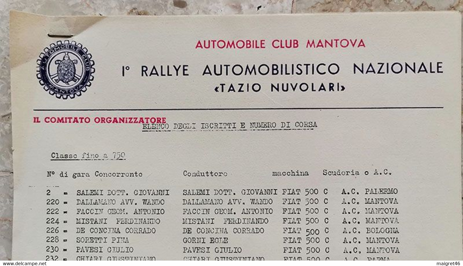 1° RALLYE AUTOMOBILISTICO NAZIONALE TAZIO NUVOLARI ACI MANTOVA MILLE MIGLIA ANNO 1954 - Uniformes Recordatorios & Misc