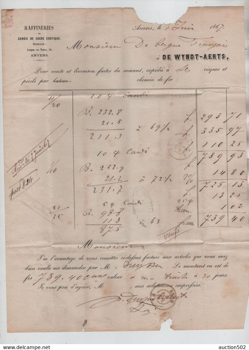 1522PR/ LAC Dewyndt - Aerts  Raffineries Candis De Sucre Exotique TP 18 LOS PTS  12 C.Anvers 1867 > Mons - Punktstempel