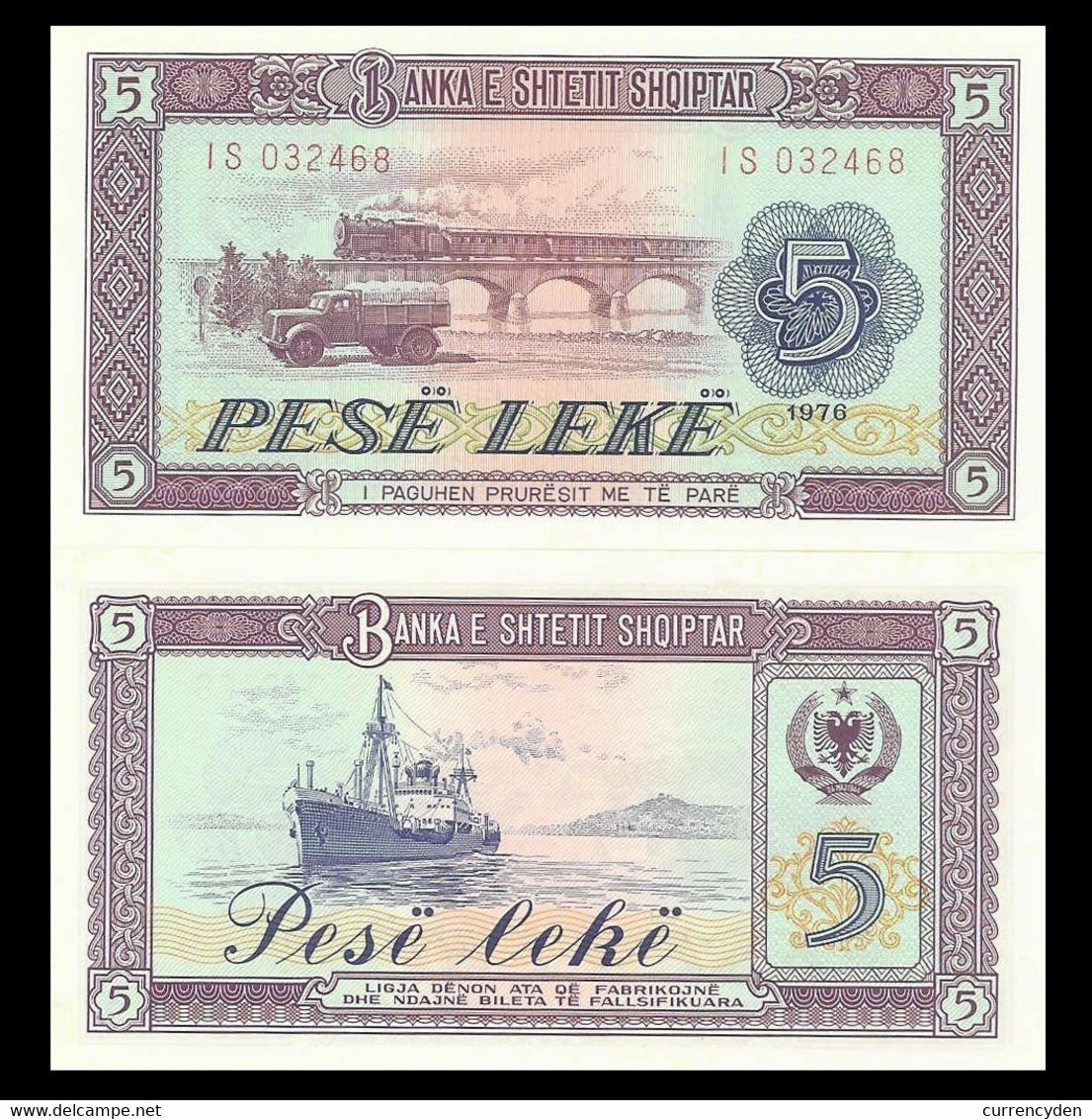 Albania P42b, 5 Lek, Truck, Steam Passenger Train On Tressle / Freighter UNC - Albanie