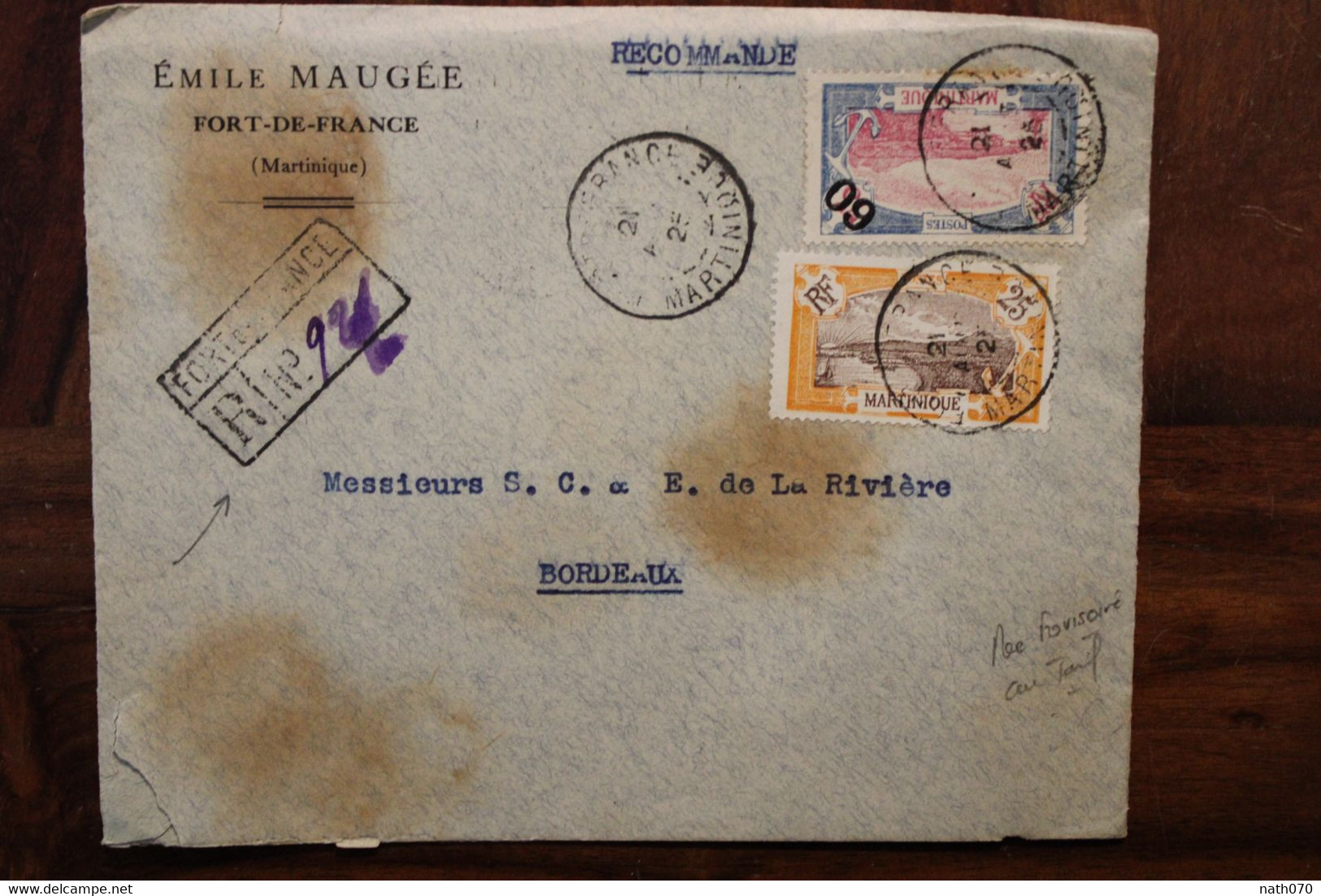 Martinique 1925 Cover Enveloppe Recommandé Provisoire France Registered Reco R - Briefe U. Dokumente