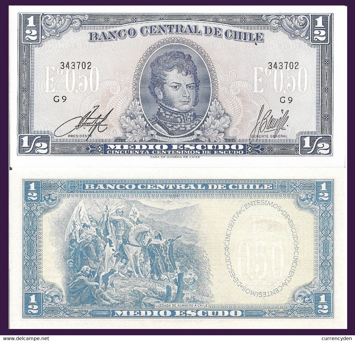 Chile P134A, 1/2 Escudo, O'Higgins / ConquistadorDiego De Almagro, 1962-64 UNC - Chili