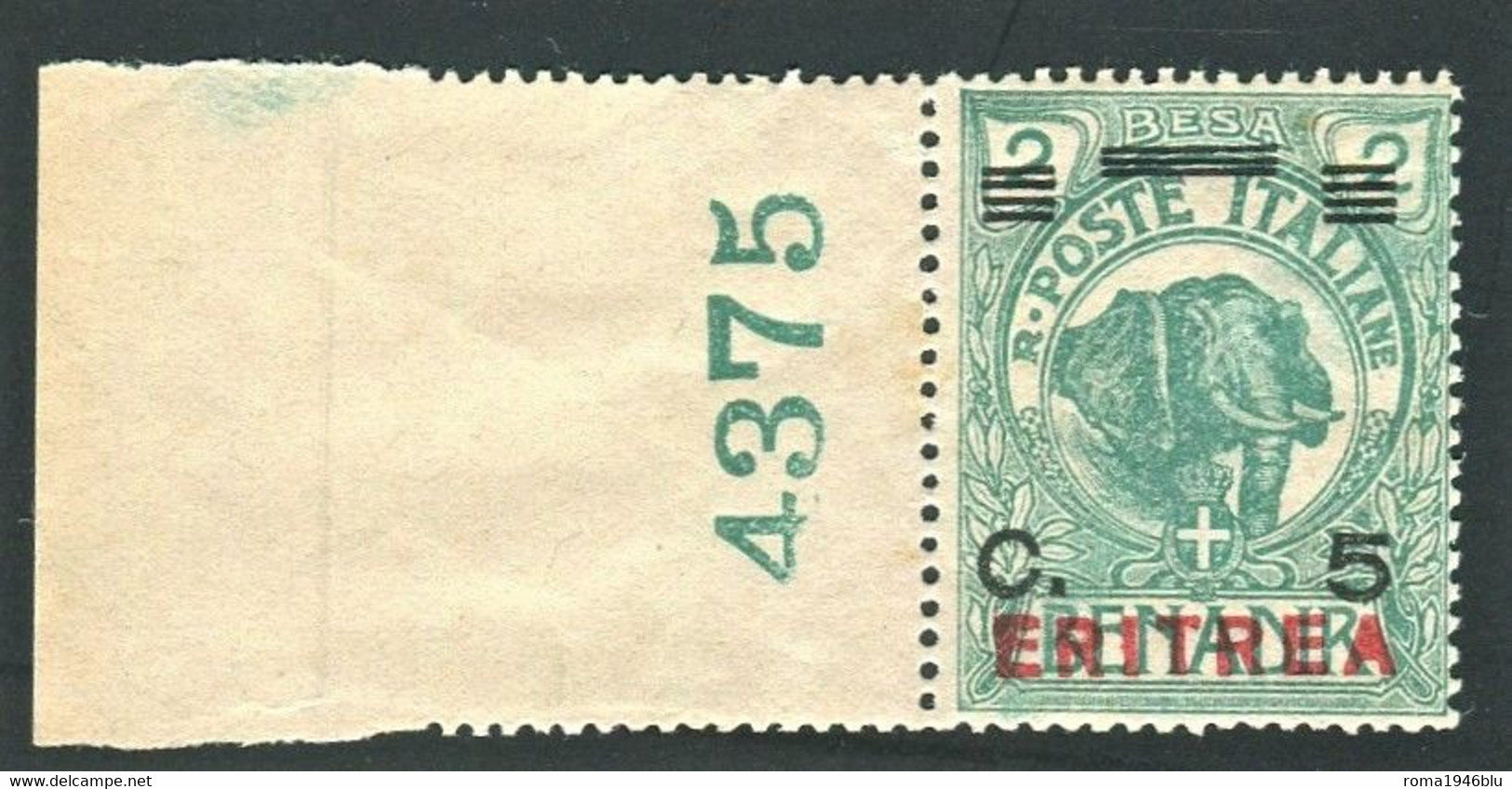 ERITREA 1924 5 C. SU 2 B SOPRAST. SPOSTATA SASSONE 81i NUMERO DI TAVOLA ** MNH - Eritrea