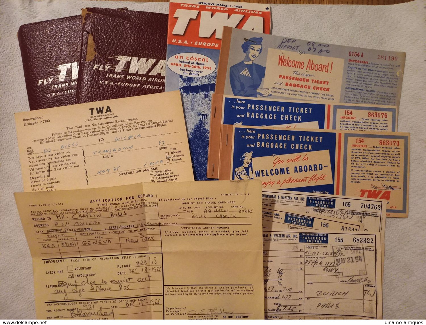 1950s TWA Trans World Airlines Lot - Wallet - Tickets - Baggage - 1953 Prospectus - Application For Refund - Tickets