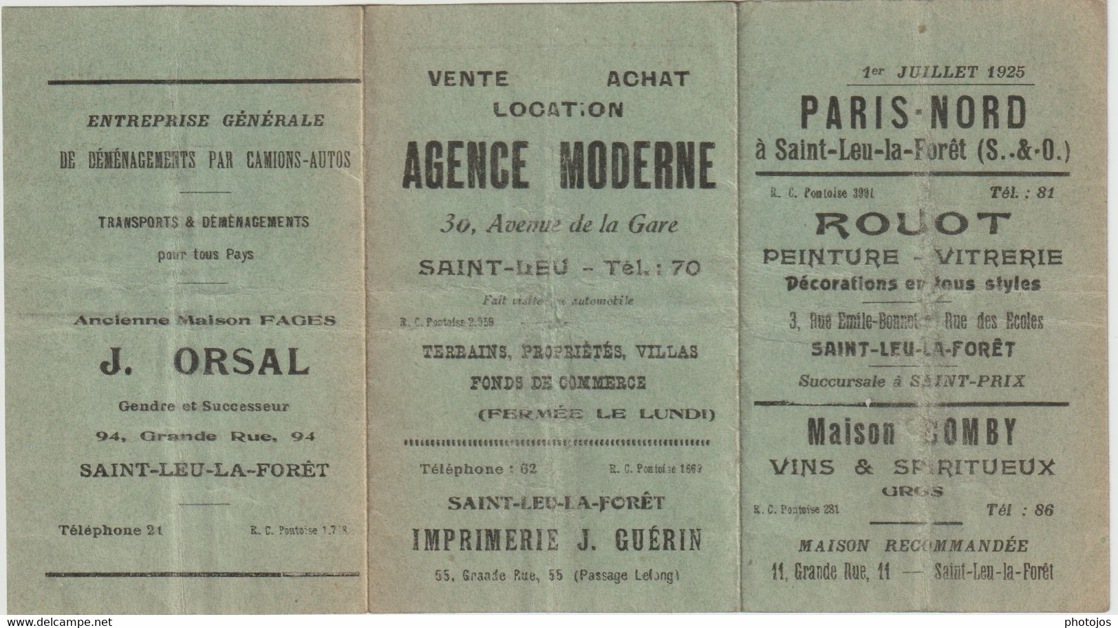 Saint Leu La Forêt (95) Petit Horaire Des Trains Vers Paris  Nord 1925 Pubs Commerces Rouot Domby Orsal Froment ... - Europe