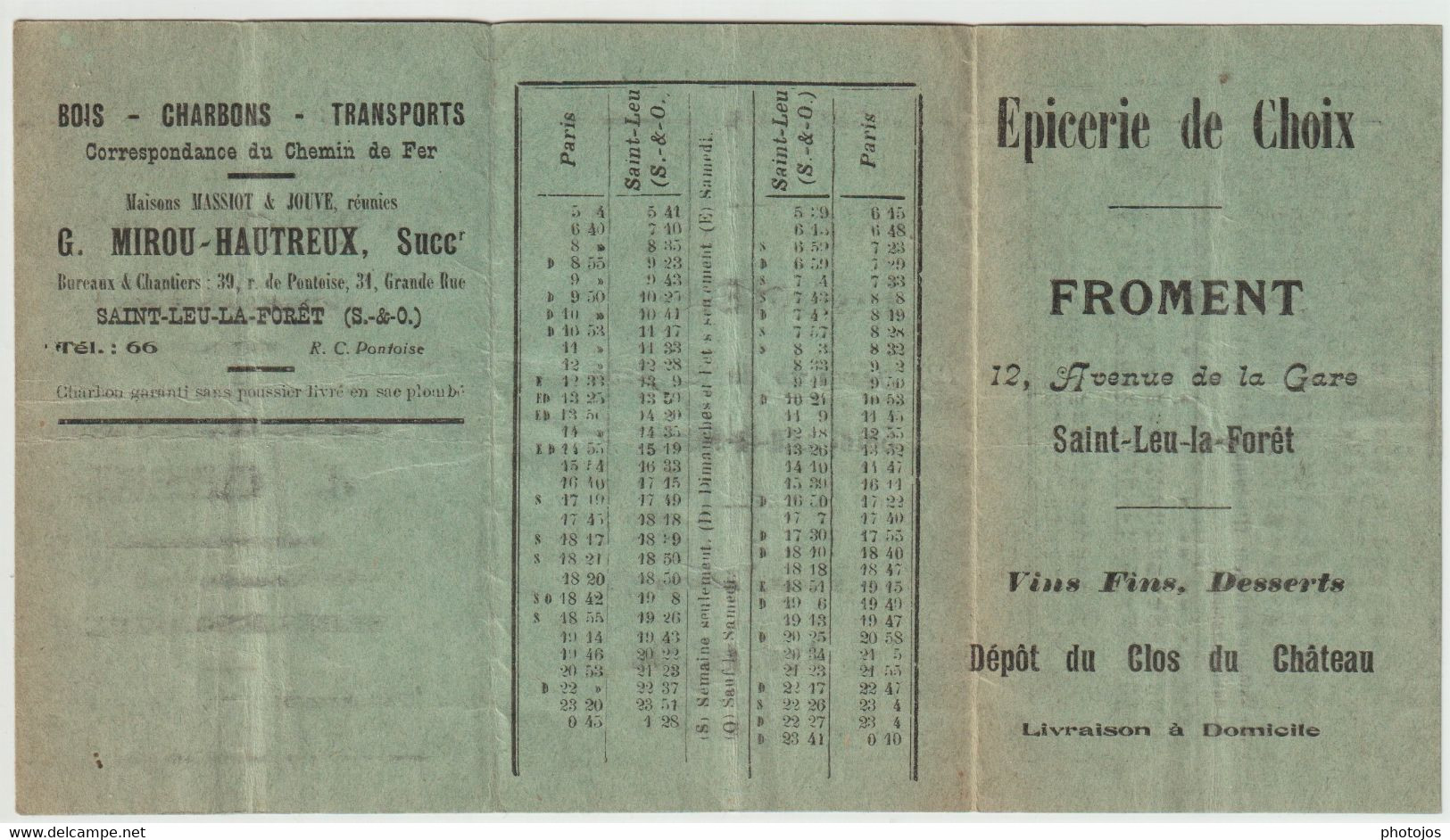 Saint Leu La Forêt (95) Petit Horaire Des Trains Vers Paris  Nord 1925 Pubs Commerces Rouot Domby Orsal Froment ... - Europa