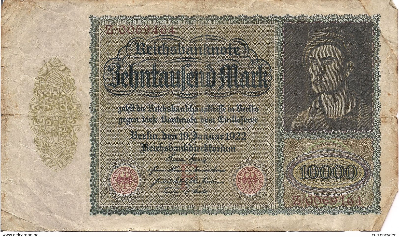 Germany P70, 10,000 Mark, "GHOUL" Note, Dürer Painting, See Story, 1922 - 10 Mark