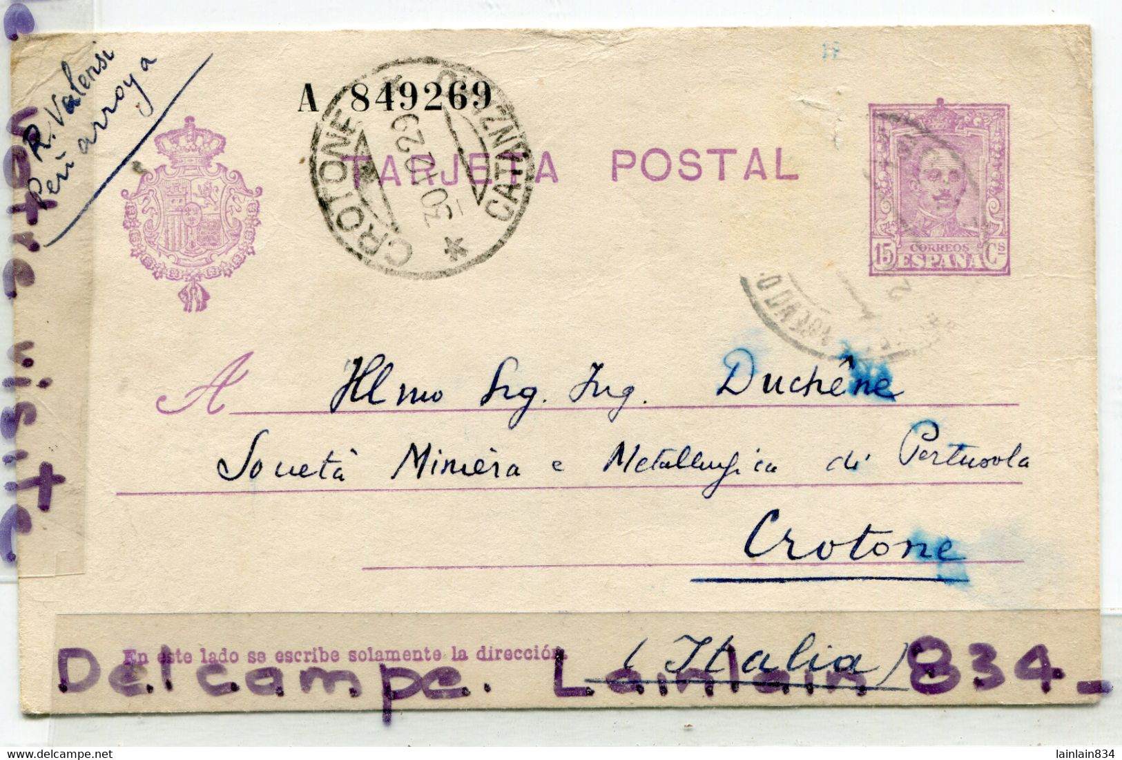 - Espagne - Entier Postal De Crotone - Italia, Cachet, 1929, Signor DUCHENE, TBE, Scans. - Brieven En Documenten