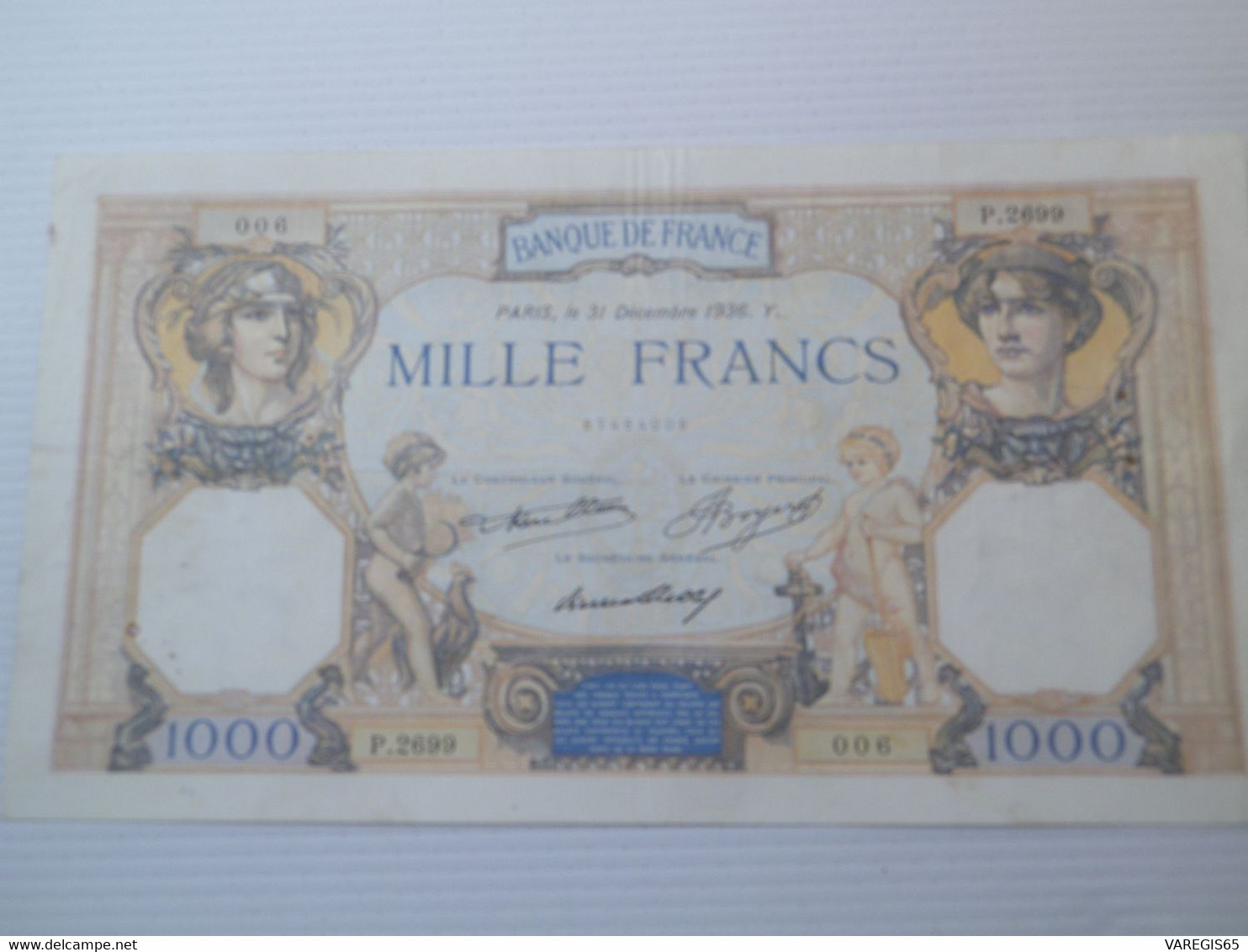 BANQUE DE FRANCE - BILLET DE 1000 FRANCS - 31 DECEMBRE 1936 - 16 TROUS D'EPINGLE ,1 AVEC ROUILLE - - 1 000 F 1927-1940 ''Cérès Et Mercure''