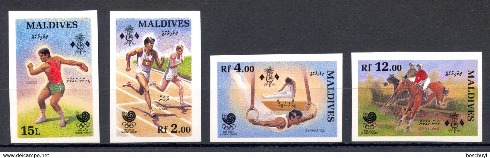 Maldives, 1988, Olympic Summer Games Seoul, Running, Gymnastics, Horse Riding, MNH Imperforated, Michel 1307-1310B - Maldives (...-1965)