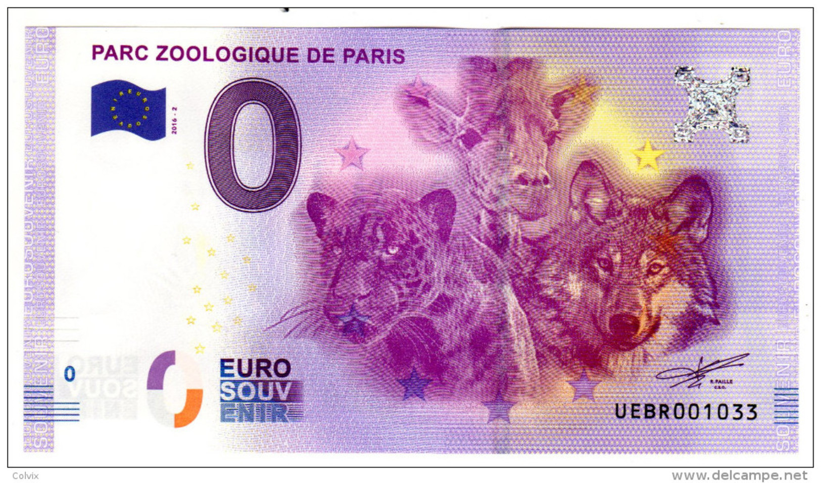 2016-2 BILLET TOURISTIQUE FRANCE 0 EURO SOUVENIR N°UEBR001013 PARC ZOOLOGIQUE DE PARIS - Private Proofs / Unofficial